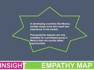 EMPATHY MAPINSIGHT
In developing countries like Mexico,
studies weigh more than merit and
experience in the market.
Post-graduate degrees are only
available for a privileged group in
Mexico that can access better
opportunities
 