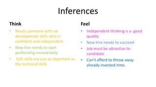 Inferences
Think
• Needs someone with sw
development skills who is
confident and independent
• New hire needs to start
performing immediately
• Soft skills are just as important as
the technical skills
Feel
• Independent thinking is a good
quality
• New hire needs to succeed
• Job must be attractive to
candidate
• Can’t afford to throw away
already invested time.
 
