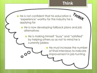 Think
 He is not confident that his education is
‘experience’-worthy for the industry he is
applying for
 He is now developing fallback plans and job
alternatives
 He is making himself “busy” and “satisfied”
by helping others so as not to mind he is
currently jobless
 He must increase the number
of final interviews to indicate
improvement in job hunting
 