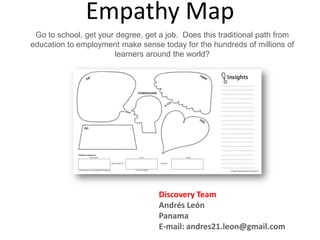 Empathy Map
Go to school, get your degree, get a job. Does this traditional path from
education to employment make sense today for the hundreds of millions of
learners around the world?
Discovery Team
Andrés León
Panama
E-mail: andres21.leon@gmail.com
 