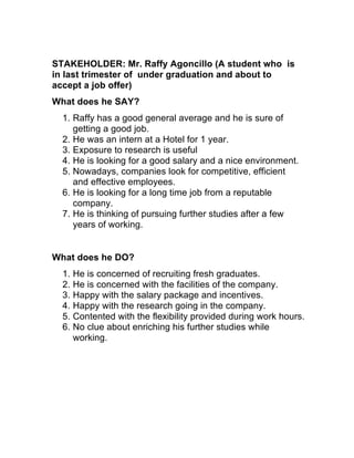 STAKEHOLDER: Mr. Raffy Agoncillo (A student who is
in last trimester of under graduation and about to
accept a job offer)
What does he SAY?
1. Raffy has a good general average and he is sure of
getting a good job.
2. He was an intern at a Hotel for 1 year.
3. Exposure to research is useful
4. He is looking for a good salary and a nice environment.
5. Nowadays, companies look for competitive, efficient
and effective employees.
6. He is looking for a long time job from a reputable
company.
7. He is thinking of pursuing further studies after a few
years of working.
What does he DO?
1. He is concerned of recruiting fresh graduates.
2. He is concerned with the facilities of the company.
3. Happy with the salary package and incentives.
4. Happy with the research going in the company.
5. Contented with the flexibility provided during work hours.
6. No clue about enriching his further studies while
working.
 