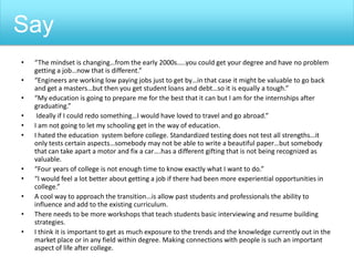 • “The mindset is changing…from the early 2000s…..you could get your degree and have no problem
getting a job…now that is different.”
• “Engineers are working low paying jobs just to get by…in that case it might be valuable to go back
and get a masters…but then you get student loans and debt…so it is equally a tough.”
• “My education is going to prepare me for the best that it can but I am for the internships after
graduating.”
• Ideally if I could redo something…I would have loved to travel and go abroad.”
• I am not going to let my schooling get in the way of education.
• I hated the education system before college. Standardized testing does not test all strengths…it
only tests certain aspects…somebody may not be able to write a beautiful paper…but somebody
that can take apart a motor and fix a car….has a different gifting that is not being recognized as
valuable.
• “Four years of college is not enough time to know exactly what I want to do.”
• “I would feel a lot better about getting a job if there had been more experiential opportunities in
college.”
• A cool way to approach the transition…is allow past students and professionals the ability to
influence and add to the existing curriculum.
• There needs to be more workshops that teach students basic interviewing and resume building
strategies.
• I think it is important to get as much exposure to the trends and the knowledge currently out in the
market place or in any field within degree. Making connections with people is such an important
aspect of life after college.
Say
 