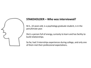 STAKEHOLDER – Who was interviewed?
M.S., 22 years-old, is a psychology graduate student, is in the
penultimate year.
She’s a person full of energy, curiosity to learn and has facility to
build relationships.
So far, had 3 internships experiences during college, and only one
of them met their professional expectations.
 
