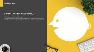 Empathy Map
2.WHAT DO THEY NEED TO DO?
 What do they need to do differently?
Lorem ipsum dolor sit amet, consectetuer adipiscing elit. Maecenas porttitor congue
massa. Fusce posuere, magna sed pulvinar ultricies, purus lectus malesuada libero, sit
 