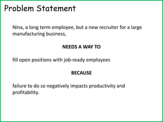Problem Statement
Nina, a long term employee, but a new recruiter for a large
manufacturing business,
NEEDS A WAY TO
fill open positions with job-ready employees
BECAUSE
failure to do so negatively impacts productivity and
profitability.
 