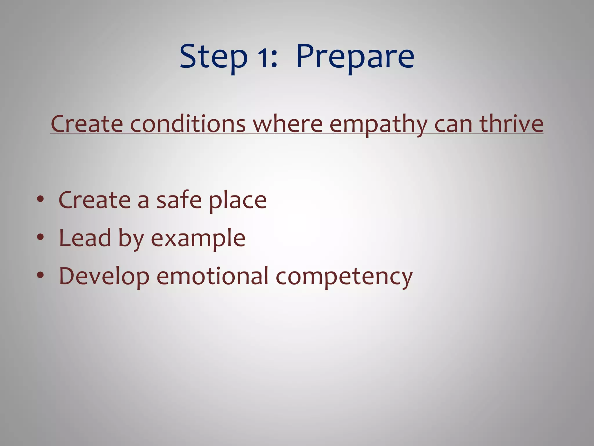 Step 1: Prepare 
Create conditions where empathy can thrive 
• Create a safe place 
• Lead by example 
• Develop emotional competency 
 