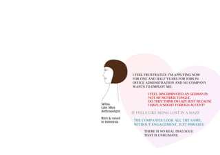 Selina,
Late 30ies
Anthropolgist
Born & raised
in Indonesia
I FEEL FRUSTRATED: I’M APPLYING NOW
FOR ONE AND HALF YEARS FOR JOBS IN
OFFICE ADMINSTRATION AND NO COMPANY
WANTS TO EMPLOY ME:
I FEEL DISCRIMINATED AS GERMAN IS
NOT MY MOTHER TONGUE.
DO THEY THINK I’M LAZY JUST BECAUSE
I HAVE A SLIGHT FOREIGN ACCENT?
IT FEELS LIKE BEING LOST IN A MAZE
THERE IS NO REAL DIALOGUE
THAT IS UNHUMANE.
THE COMPANIES LOOK ALL THE SAME,
WITHOUT ENGAGEMENT, JUST PHRASES
 