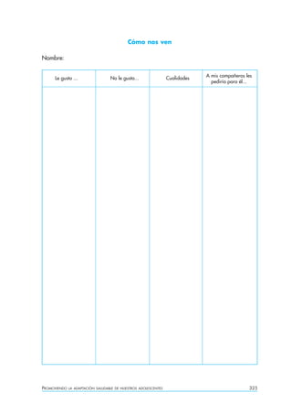 Cómo nos ven

Nombre:

                                                                              A mis compañeros les
     Le gusta ...                  No le gusta...                Cualidades
                                                                                pediría para él...




PROMOVIENDO   LA ADAPTACIÓN SALUDABLE DE NUESTROS ADOLESCENTES                                  325
 
