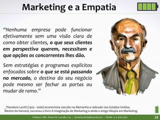Professor MSc. Daniel de Carvalho Luz | daniel.luz2020@hotmail.com | Mobile 15 9 9126 5571 38
_Theodore Levitt (1925 - 2006) economista nascido na Alemanha e radicado nos Estados Unidos.
Mestre da Harvard, escreveu o livro A Imaginação de Marketing e ainda o artigo Miopia em Marketing.
“Nenhuma empresa pode funcionar
efetivamente sem uma visão clara de
como obter clientes, o que seus clientes
em perspectiva querem, necessitam e
que opções os concorrentes lhes dão.
Sem estratégias e programas explícitos
enfocados sobre o que se está passando
no mercado, o destino do seu negócio
pode mesmo ser fechar as portas ou
mudar de ramo.”
Marketing e a Empatia
 