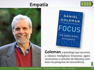 Professor MSc. Daniel de Carvalho Luz | daniel.luz2020@hotmail.com | Mobile 15 9 9126 5571 40
Empatia
Goleman, o psicólogo que escreveu
o clássico Inteligência Emocional, agora
revoluciona o conceito de liderança com
base nas pesquisas de neurociência,
 