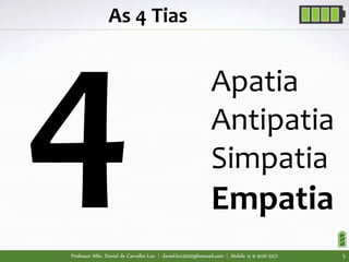 Professor MSc. Daniel de Carvalho Luz | daniel.luz2020@hotmail.com | Mobile 15 9 9126 5571 5
As 4 Tias
Apatia
Antipatia
Simpatia
Empatia
 