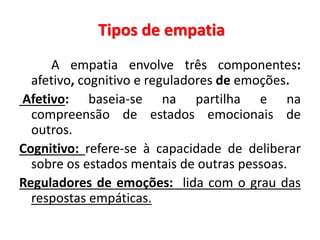 Tipos de empatia
A empatia envolve três componentes:
afetivo, cognitivo e reguladores de emoções.
Afetivo: baseia-se na partilha e na
compreensão de estados emocionais de
outros.
Cognitivo: refere-se à capacidade de deliberar
sobre os estados mentais de outras pessoas.
Reguladores de emoções: lida com o grau das
respostas empáticas.
 