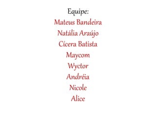 Equipe:
Mateus Bandeira
Natália Araújo
Cícera Batista
Maycom
Wyctor
Andréia
Nicole
Alice
 