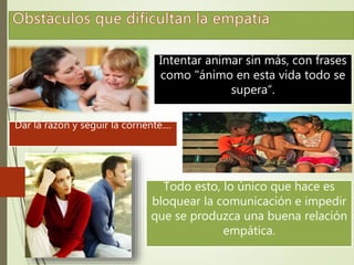 Intentar animar sin más, con frases 
como "ánimo en esta vida todo se 
supera“. 
Dar la razón y seguir la corriente.... 
Todo esto, lo único que hace es 
bloquear la comunicación e impedir 
que se produzca una buena relación 
empática. 
 