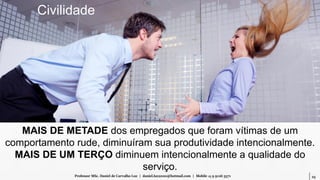 25Professor MSc. Daniel de Carvalho Luz | daniel.luz2020@hotmail.com | Mobile 15 9 9126 5571
Civilidade
MAIS DE METADE dos empregados que foram vítimas de um
comportamento rude, diminuíram sua produtividade intencionalmente.
MAIS DE UM TERÇO diminuem intencionalmente a qualidade do
serviço.
 