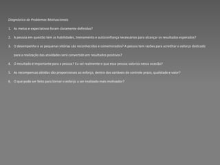 Diagnóstico de Problemas Motivacionais

1. As metas e expectativas foram claramente definidas?

2. A pessoa em questão tem as habilidades, treinamento e autoconfiança necessários para alcançar os resultados esperados?

3. O desempenho e as pequenas vitórias são reconhecidos e comemorados? A pessoa tem razões para acreditar o esforço dedicado

   para a realização das atividades será convertido em resultados positivos?

4. O resultado é importante para a pessoa? Eu sei realmente o que essa pessoa valoriza nessa ocasião?

5. As recompensas obtidas são proporcionais ao esforço, dentro das variáveis de controle prazo, qualidade e valor?

6. O que pode ser feito para tornar o esforço a ser realizado mais motivador?
 