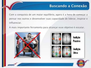 Buscando a Conexão

Com a conquista de um maior equilíbrio, agora é a hora de começar a
pensar nos outros e desenvolver suas capacidade de liderar, inspirar e
influenciar.

A mais importante ferramenta para alcançar esse objetivo é escutar.
 