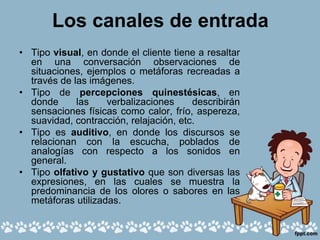 Los canales de entrada
• Tipo visual, en donde el cliente tiene a resaltar
en una conversación observaciones de
situaciones, ejemplos o metáforas recreadas a
través de las imágenes.
• Tipo de percepciones quinestésicas, en
donde las verbalizaciones describirán
sensaciones físicas como calor, frío, aspereza,
suavidad, contracción, relajación, etc.
• Tipo es auditivo, en donde los discursos se
relacionan con la escucha, poblados de
analogías con respecto a los sonidos en
general.
• Tipo olfativo y gustativo que son diversas las
expresiones, en las cuales se muestra la
predominancia de los olores o sabores en las
metáforas utilizadas.
 