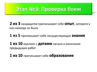 Этап №3: Проверка боем

2 из 3 кандидатов приписывают себе опыт, которого у
них никогда не было

1 из 5 приписывает себе несуществующие знания
1 из 10 мухлюет с датами начала и окончания
предыдущих работ

1 из 10 приписывает себе образование
 