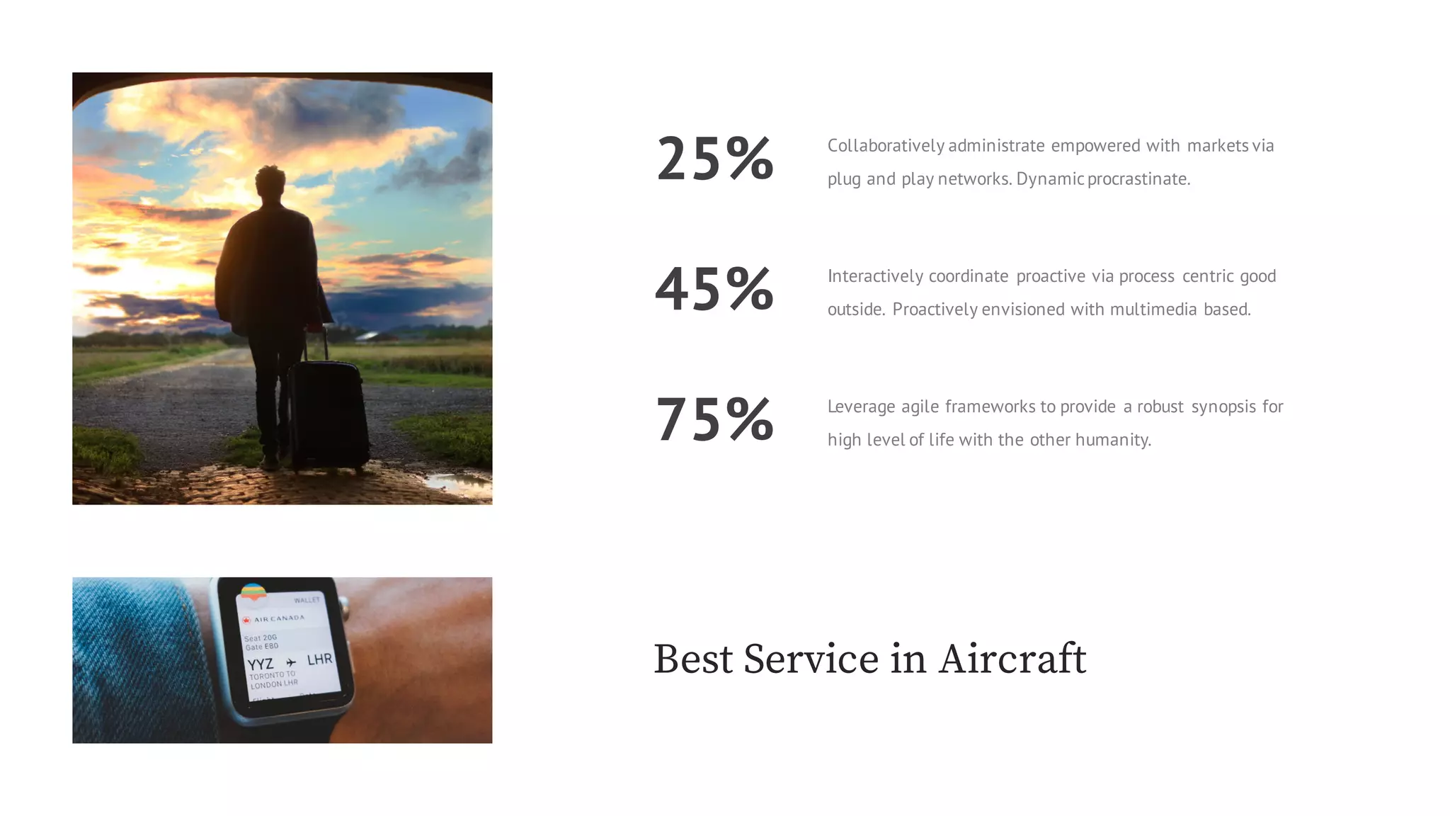 Best Service in Aircraft
Collaboratively administrate empowered with markets via
plug and play networks. Dynamicprocrastinate.25%
Leverage agile frameworks to provide a robust synopsis for
high level of life with the other humanity.75%
45% Interactively coordinate proactive via process centric good
outside. Proactively envisioned with multimedia based.
 