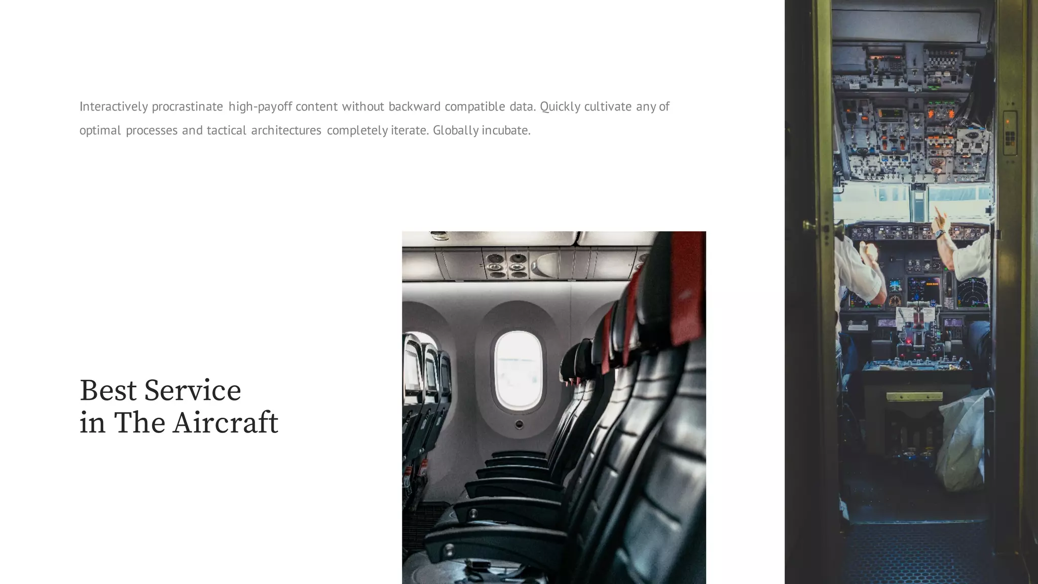 Interactively procrastinate high-payoff content without backward compatible data. Quickly cultivate any of
optimal processes and tactical architectures completely iterate. Globally incubate.
Best Service
in The Aircraft
 