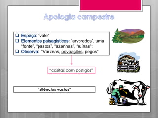  Espaço: “vale”
 Elementos paisagisticos: “arvoredos”, uma
  “fonte”, “pastos”, “azenhas”, “ruínas”;
 Observa: “Várzeas, povoações, pegos”



                “casitas com postigos”



          “silêncios vastos”
 