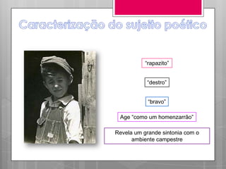 “rapazito”


           “destro”


            “bravo”

 Age “como um homenzarrão”

Revela um grande sintonia com o
      ambiente campestre
 