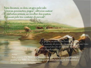 Nós dávamos, os dois, um giro pelo vale:
Várzeas, povoações, pegos5
, silêncios vastos!
E os fartos animais, ao recolher dos pastos,
Roçavam pelo teu costume de percale6
.
Já não receias tu essa vaquita preta,
Que eu seguirei, prendi por um chavelho7
? Juro
Que estavas a tremer, cosida com o muro,
Ombros em pé, medrosa, e fina, de luneta!
5. pegos: os sítios mais fundos dos rios
6. costume de percale (expressão francesa): fato
de percal (tecido de algodão fino e liso)
7. chavelho: chifre
Nota:
Este poema (De Tarde) é a primeira de três partes que constituem o
poema Em Petiz. As outras duas partes intitulam-se Os Irmãozinhos e
Histórias, respetivamente.
 
