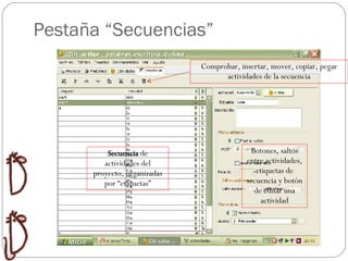 Pestaña “Secuencias” Secuencia  de actividades del proyecto, organizadas por “etiquetas” Comprobar, insertar, mover, copiar, pegar actividades de la secuencia Botones, saltos entre actividades, etiquetas de secuencia y botón de editar una actividad 