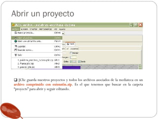 Abrir un proyecto JClic guarda nuestros proyectos y todos los archivos asociados de la mediateca en un  archivo comprimido con extensión.zip . Es el que tenemos que buscar en la carpeta “proyects” para abrir y seguir editando. 