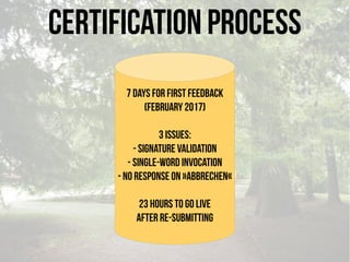 CERTIFICATION PROCESS
7 days for first Feedback
(february 2017)
3 Issues:
- Signature validation
- Single-Word invocation
...