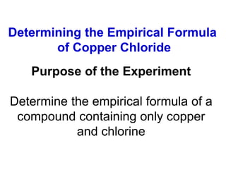 Determining the Empirical Formula
of Copper Chloride
Purpose of the Experiment
Determine the empirical formula of a
compound containing only copper
and chlorine
 