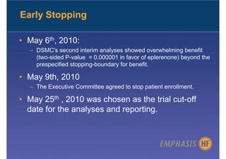 Early Stopping

• May 6th, 2010:
  – DSMC's second interim analyses showed overwhelming benefit
    (two-sided P-value = 0.000001 in favor of eplerenone) beyond the
    prespecified stopping-boundary for benefit.

• May 9th, 2010
  – The Executive Committee agreed to stop patient enrollment.

• May 25th , 2010 was chosen as the trial cut-off
  date for the analyses and reporting.
 