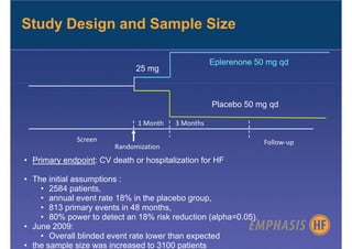 Study Design and Sample Size

                                                   Eplerenone 50 mg qd
                              25 mg



                                                   Placebo 50 mg qd

                              1 Month   3 Months

              Screen                                            Follow-up
                        Randomization
• Primary endpoint: CV death or hospitalization for HF

• The initial assumptions :
    • 2584 patients,
    • annual event rate 18% in the placebo group,
    • 813 primary events in 48 months,
    • 80% power to detect an 18% risk reduction (alpha=0.05).
• June 2009:
    • Overall blinded event rate lower than expected
• the sample size was increased to 3100 patients
 