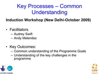 Key Processes – Common Understanding Induction Workshop (New Delhi-October 2009) Facilitators Audrey Swift Andy Melendez Key Outcomes: Common understanding of the Programme Goals Understanding of the key challenges in the programme 