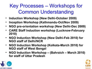 Key Processes – Workshops for
       Common Understanding
• Induction Workshop (New Delhi-October 2009)
• Inception Workshop (Kathmandu-Oct/Nov 2009)
• NGO pre-orientation workshop (New Delhi-Dec 2009)
• CARE Staff Induction workshop (Lucknow-February
  2010)
• NGO Induction Workshop (New Delhi-Feb 2010) for
  NGO staff of Delhi/NCR
• NGO Induction Workshop (Kolkata-March 2010) for
  NGO staff of West Bengal
• NGO Induction Workshop – (Bahraich – March 2010)
  for staff of Uttar Pradesh
 