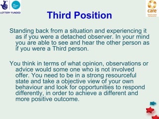 Third Position
Standing back from a situation and experiencing it
  as if you were a detached observer. In your mind
  you are able to see and hear the other person as
  if you were a Third person.

You think in terms of what opinion, observations or
  advice would some one who is not involved
  offer. You need to be in a strong resourceful
  state and take a objective view of your own
  behaviour and look for opportunities to respond
  differently, in order to achieve a different and
  more positive outcome.
 