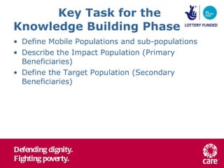 Key Task for the Knowledge Building Phase Define Mobile Populations and sub-populations Describe the Impact Population (Primary Beneficiaries) Define the Target Population (Secondary Beneficiaries) 