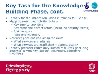 Key Task for the Knowledge Building Phase, cont. Identify for the Impact Population in relation to HIV risk Mapping along the mobility route of: Key service providers Key state and district actors (including security forces) Risk hotspots Resource inventory Resource gaps analysis along the route What services are missing What services are insufficient – access, quality Identify potential community human resources (including potential community leaders, volunteers, educators, mobilisers) 