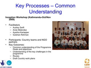 Key Processes – Common
                Understanding
Inception Workshop (Kathmandu-Oct/Nov
   2009)

•   Facilitators
     –   Audrey Swift
     –   Andy Melendez
     –   Ayesha Kariapper
     –   Gulshan Rehman

•   Participants: Country teams and NGO
    partners
•   Key Outcomes:
     – Common understanding of the Programme
       Goals and objectives
     – Understanding of the key challenges in the
       programme
     – Routes
     – Draft Country work plans
 