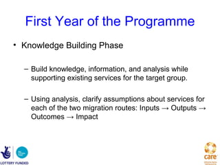 First Year of the Programme
• Knowledge Building Phase

  – Build knowledge, information, and analysis while
    supporting existing services for the target group.

  – Using analysis, clarify assumptions about services for
    each of the two migration routes: Inputs → Outputs →
    Outcomes → Impact
 