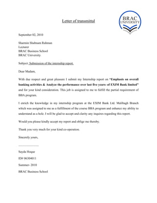 Letter of transmittal
 
September 02, 2010
Sharmin Shabnam Rahman
Lecturer
BRAC Business School
BRAC University
Subject: S...