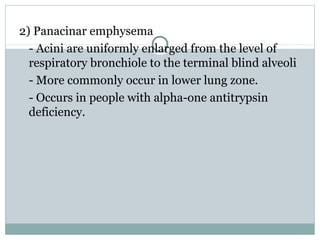 2) Panacinar emphysema
  - Acini are uniformly enlarged from the level of
  respiratory bronchiole to the terminal blind alveoli
  - More commonly occur in lower lung zone.
  - Occurs in people with alpha-one antitrypsin
  deficiency.
 