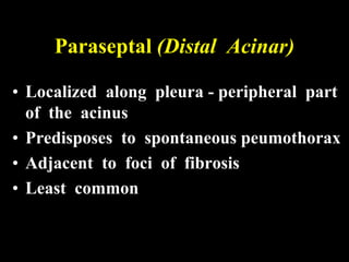 Paraseptal (Distal Acinar)

• Localized along pleura - peripheral part
  of the acinus
• Predisposes to spontaneous peumothorax
• Adjacent to foci of fibrosis
• Least common
 