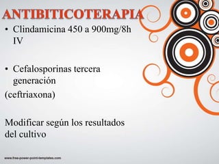• Clindamicina 450 a 900mg/8h
  IV

• Cefalosporinas tercera
  generación
(ceftriaxona)

Modificar según los resultados
del cultivo
 