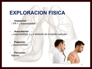 EXPLORACION FISICA
10
• Inspección
↑ FR + ↓ expansibilidad
• Auscultación
↓ expansibilidad + ↓ o abolición de murmullo vesicular
• Palpación
↓ expansibilidad
• Percusión
Matidez
 