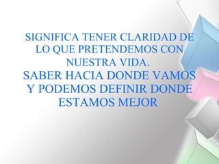 SIGNIFICA TENER CLARIDAD DE LO QUE PRETENDEMOS CON NUESTRA VIDA .  SABER HACIA DONDE VAMOS Y PODEMOS DEFINIR DONDE ESTAMOS MEJOR   