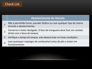 Check List
Abastecimento do Veículo:
1
Não é permitido fumar, acender fósforo ou usar qualquer tipo de chama
durante o abastecimento;
2
Conserve o motor desligado. O bico da mangueira deve ficar em contato
direto com a boca do tanque;
3 Verifique a tampa do tanque, esta deverá estar em boas condições;
4
Lave quaisquer respingos de combustível antes de pôr o motor em
funcionamento
 