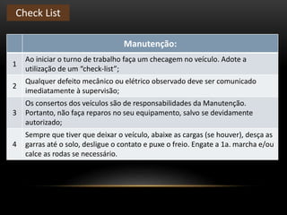 Manutenção:
1
Ao iniciar o turno de trabalho faça um checagem no veículo. Adote a
utilização de um “check-list”;
2
Qualquer defeito mecânico ou elétrico observado deve ser comunicado
imediatamente à supervisão;
3
Os consertos dos veículos são de responsabilidades da Manutenção.
Portanto, não faça reparos no seu equipamento, salvo se devidamente
autorizado;
4
Sempre que tiver que deixar o veículo, abaixe as cargas (se houver), desça as
garras até o solo, desligue o contato e puxe o freio. Engate a 1a. marcha e/ou
calce as rodas se necessário.
Check List
 