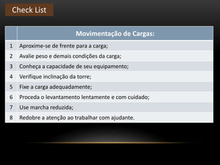 Movimentação de Cargas:
1 Aproxime-se de frente para a carga;
2 Avalie peso e demais condições da carga;
3 Conheça a capacidade de seu equipamento;
4 Verifique inclinação da torre;
5 Fixe a carga adequadamente;
6 Proceda o levantamento lentamente e com cuidado;
7 Use marcha reduzida;
8 Redobre a atenção ao trabalhar com ajudante.
Check List
 